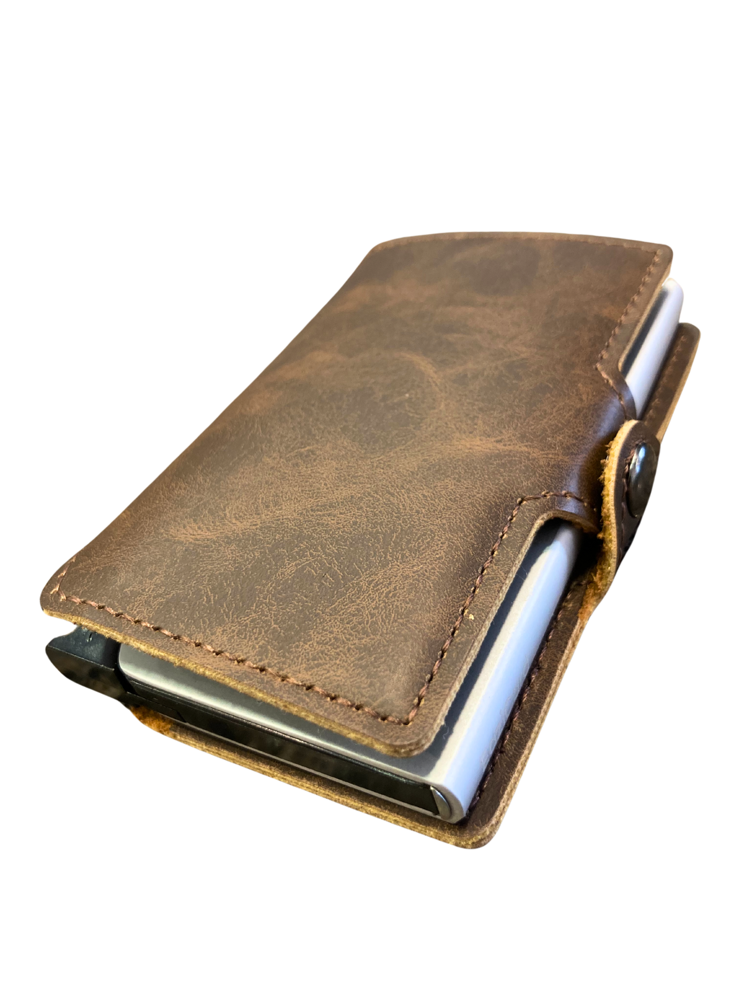 brown leather eazicard wallet featuring a metal casing with RIFD protection.