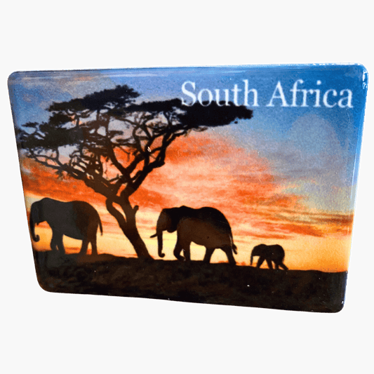 Ceramic elephant sunset magnet.