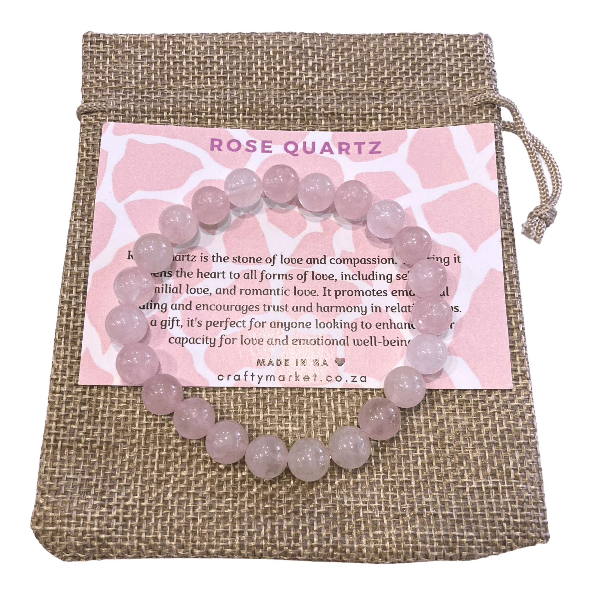 Rose quartz bracelet on hessian gift bag.