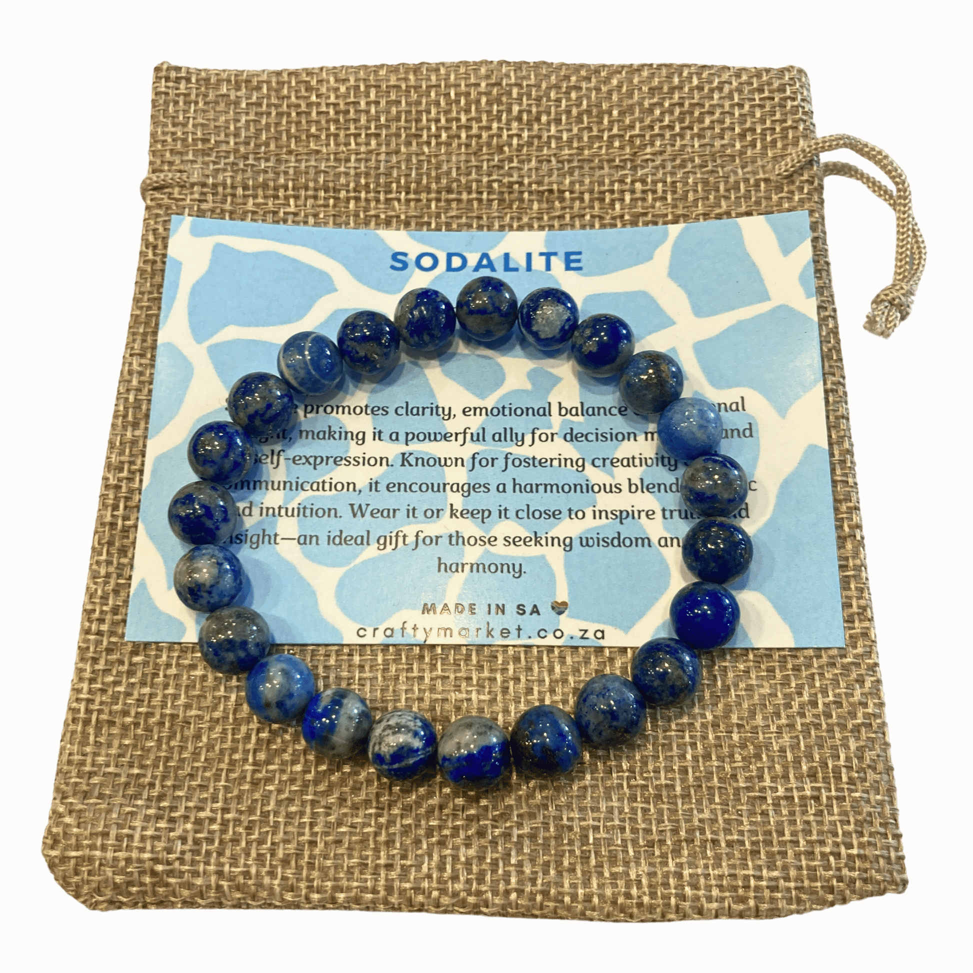 Sodalite bracelet on hessian gift bag.