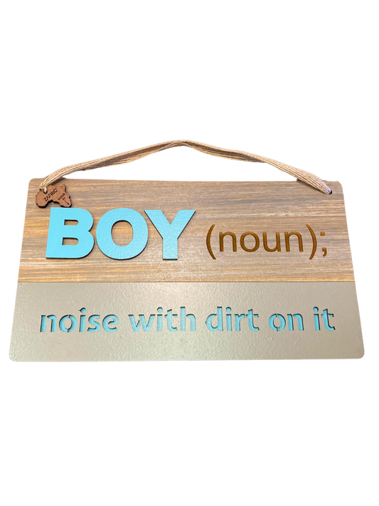 Hanging wood "boy" sign.