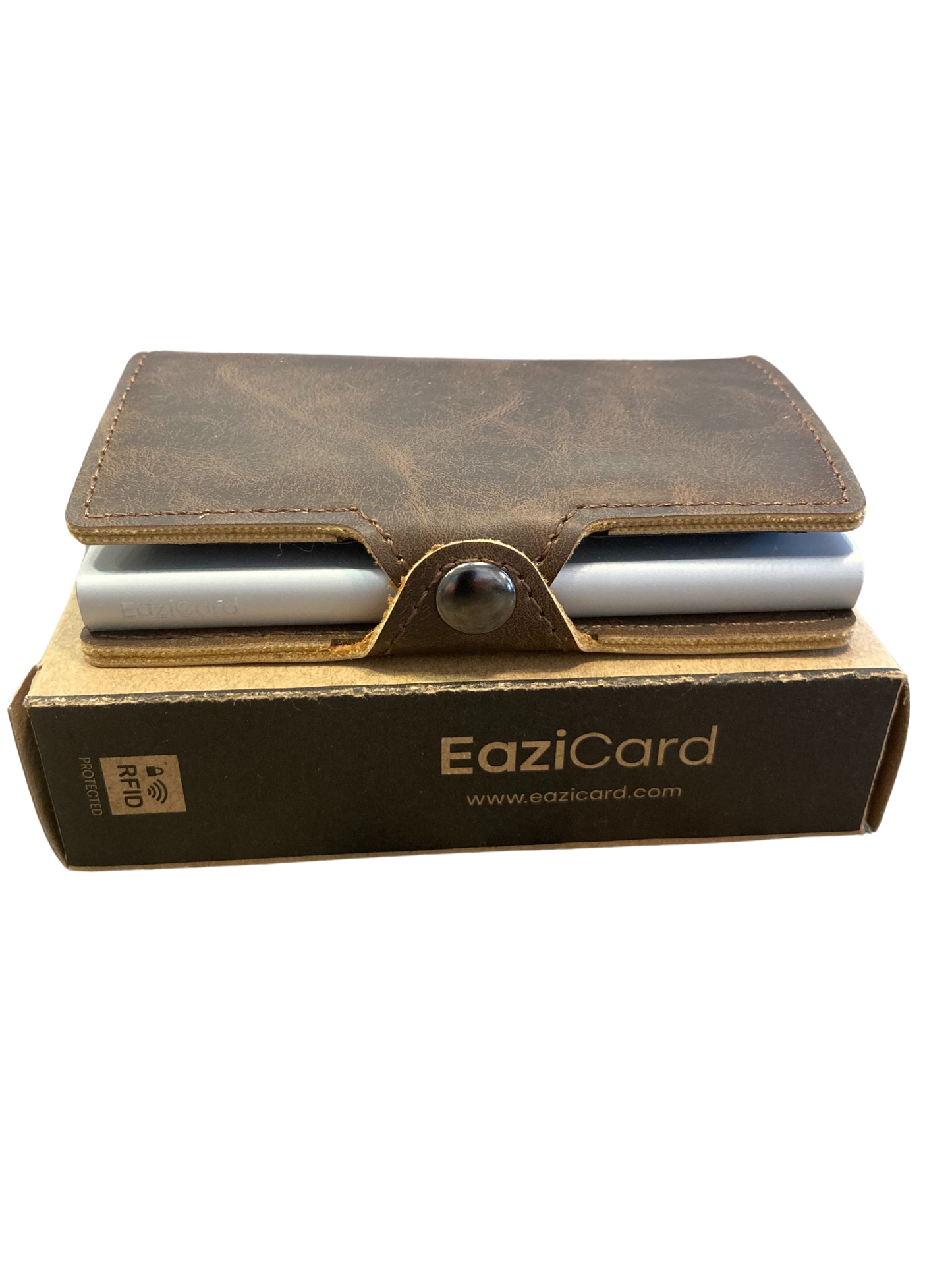 Brown leather Eazicard cardholder.