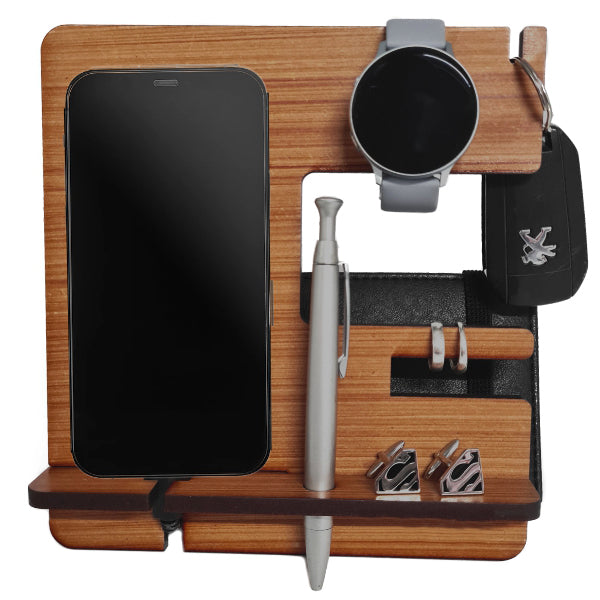 Wooden docking station to organize accessories.