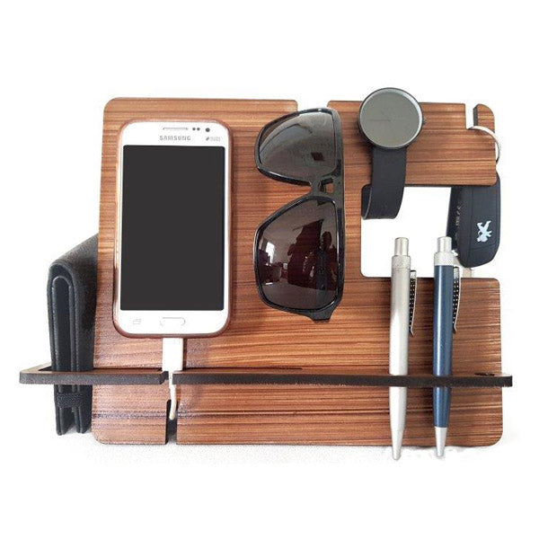 Wood men docking station for phone charging.